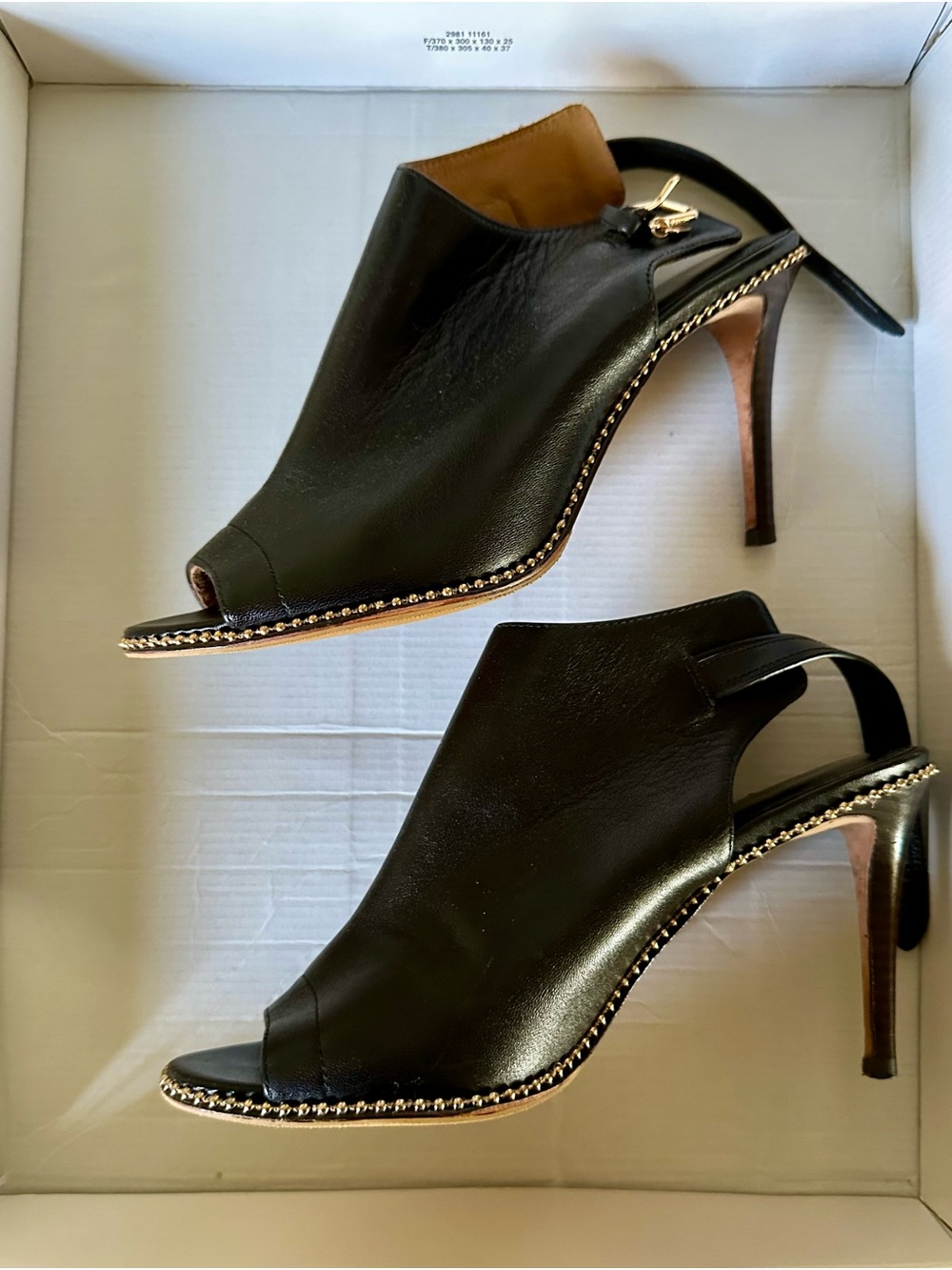 Coach Black Leather Peep-Toe Slingback Heels with Gold Chain Trim